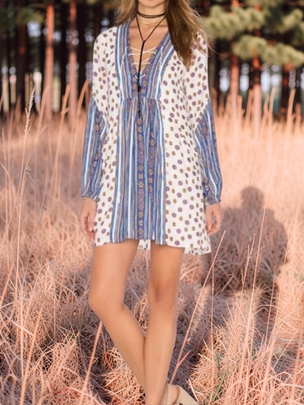Free People Dress Rain Shine Size M Boho Tunic Multicolor Balloon Sleeve Lace